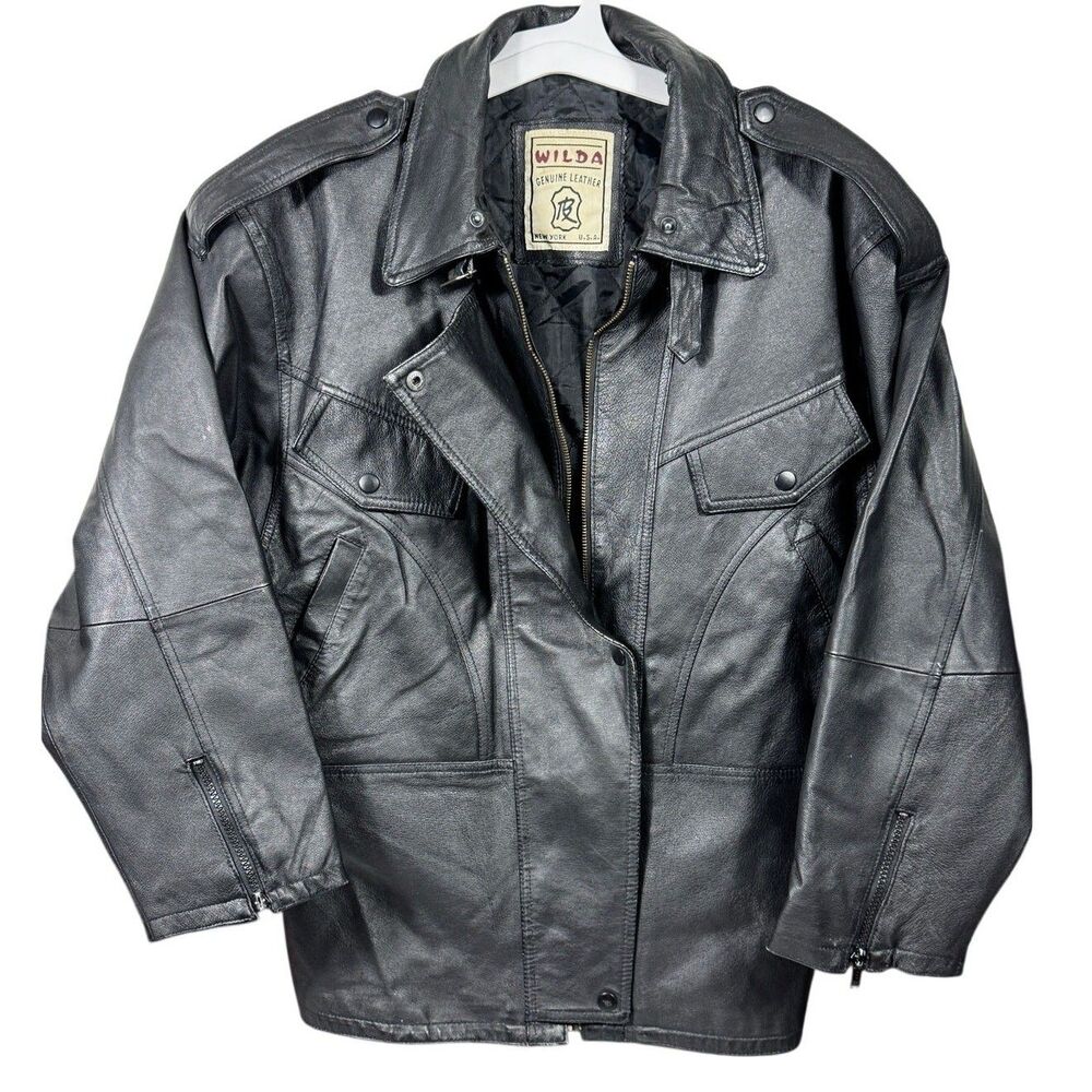 Men's Vintage Wilda Genuine 100% Leather Black Motorcycle Jacket Made USA Large